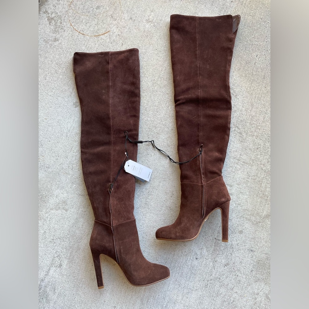 NWT Express Brian Atwood Suede Over The Knee Chocolate Brown Heeled Boots 6 Glam